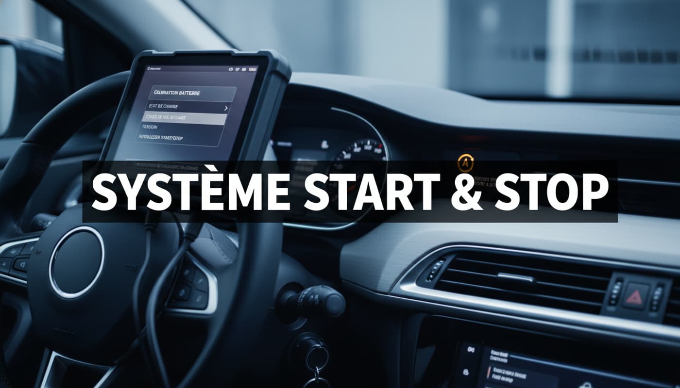 Tableau de bord moderne avec témoin de système Start-Stop allumé, tablette de diagnostic connectée affichant une interface française pour calibration de batterie, avec texte superposé 'SYSTÈME START & STOP'.