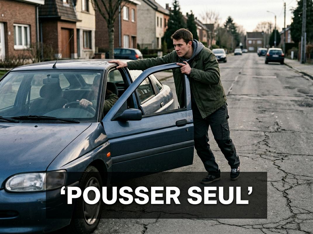 Personne poussant seule sa voiture portière ouverte dans une rue déserte, une main sur le volant et l'autre sur le montant, avec le texte POUSSER SEUL.