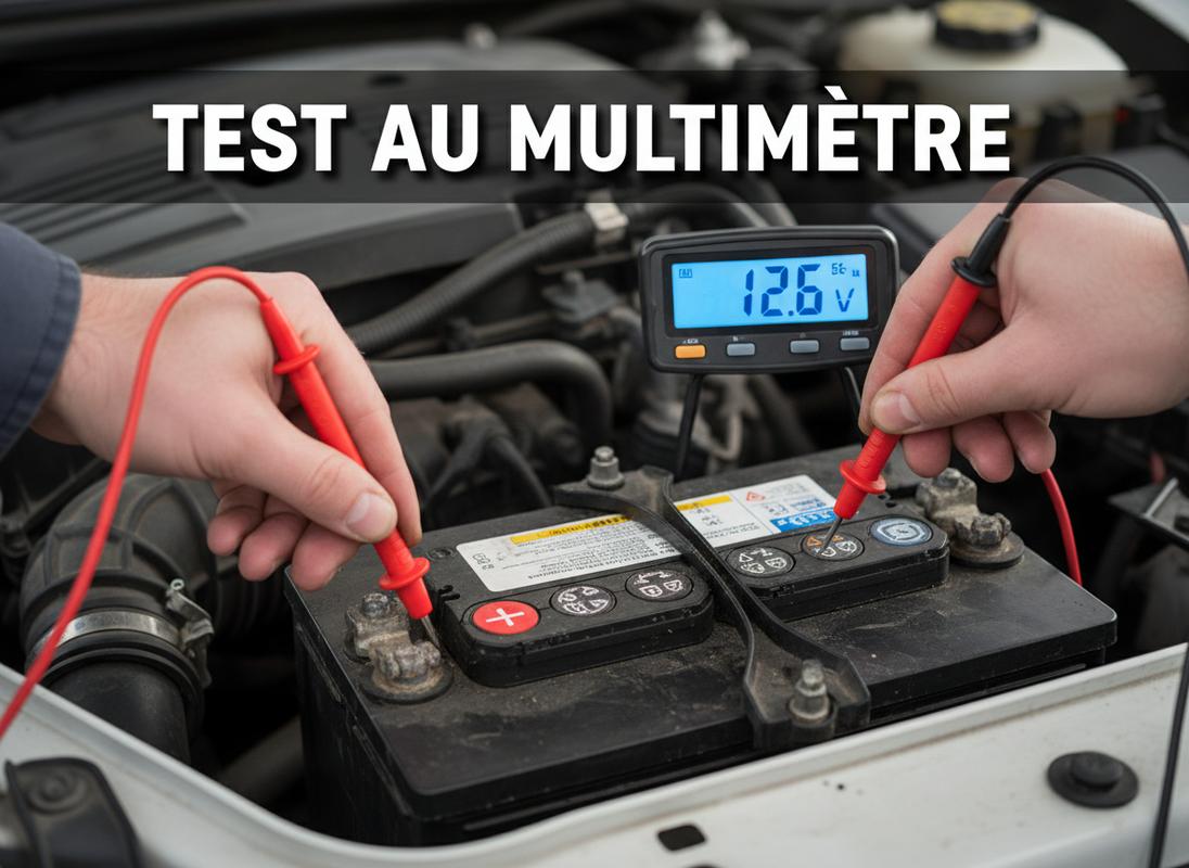 Un multimètre digital affiche 12,6V tandis que des sondes sont appliquées sur les bornes d'une batterie de voiture, avec l'inscription TEST AU MULTIMÈTRE.