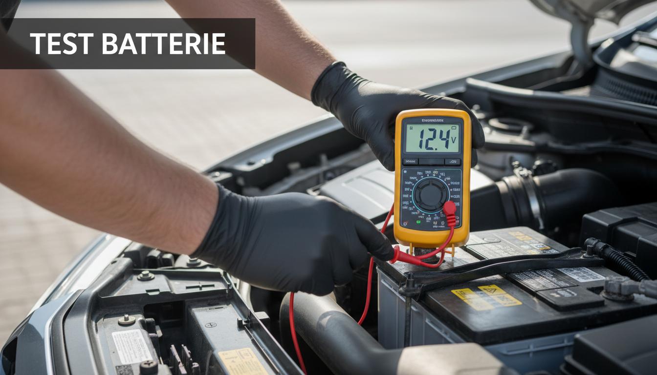 Des mains gantées de noir placent les sondes d'un multimètre affichant 12,4V sur les bornes d'une batterie de voiture sous un texte TEST BATTERIE.