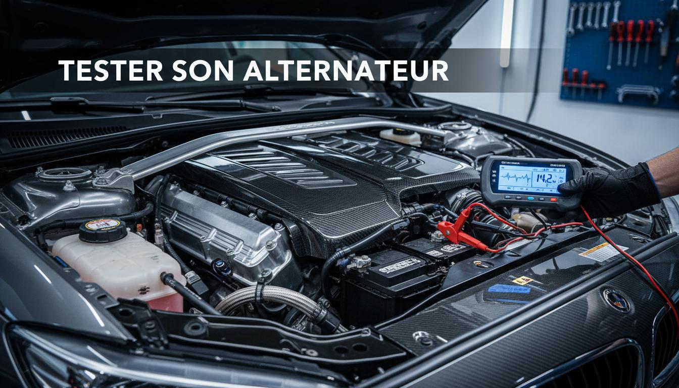 Un mécanicien tient un testeur numérique affichant des données de tension sur une batterie dans un moteur de voiture, sous le texte Tester son alternateur.