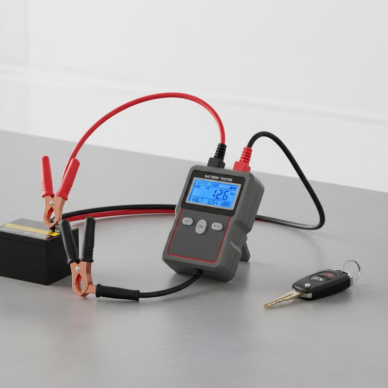 Testeur de batterie numérique Konnwei KW208 avec écran LCD rétroéclairé et pinces crocodiles posé sur un établi à côté d'un trousseau de clés de voiture.