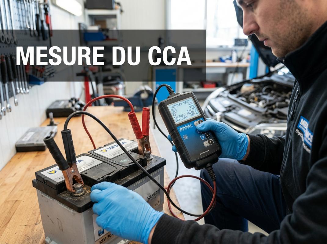 Technicien utilisant un testeur de batterie avec pinces rouge et noire, affichage numérique indiquant SOH, SOC et texte MESURE DU CCA en surimpression.