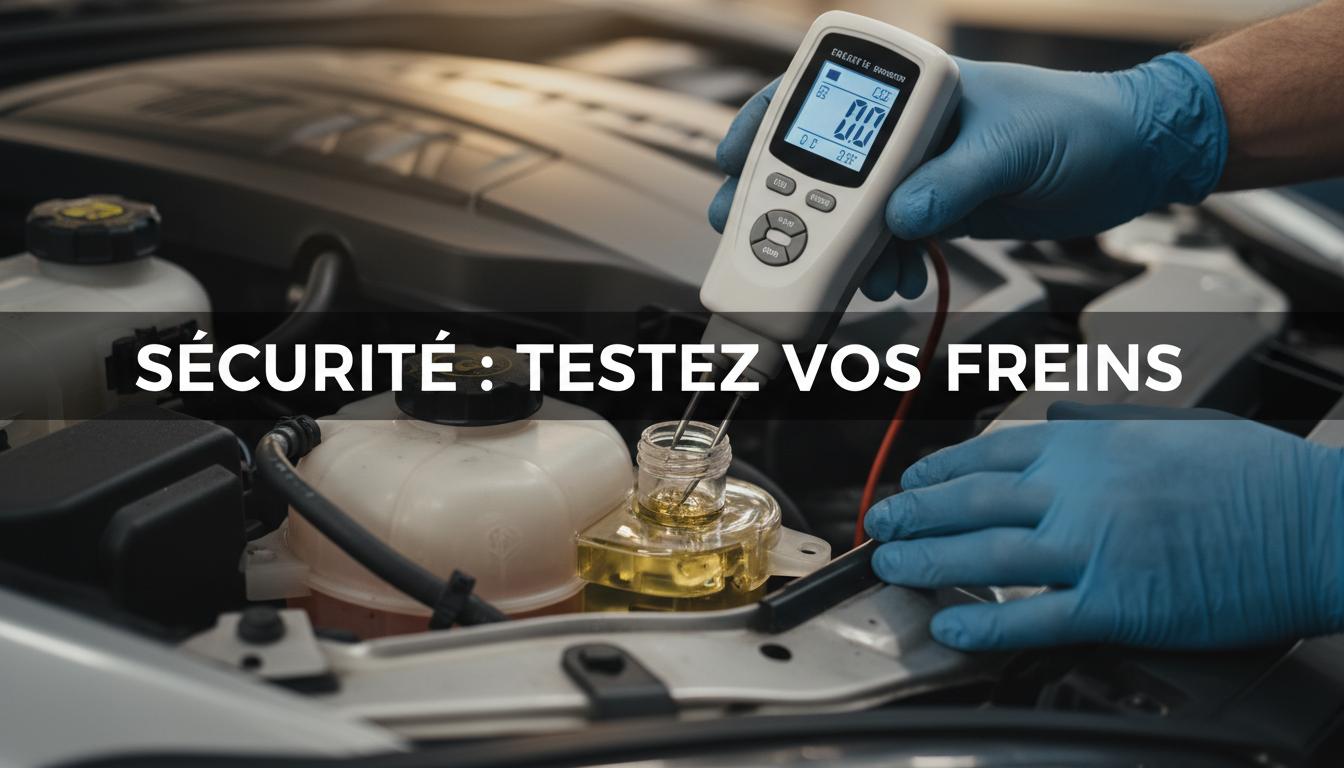 Mains d'un mécanicien utilisant un testeur électronique au-dessus du réservoir de liquide de frein d'une voiture, avec le texte Sécurité : testez vos freins.
