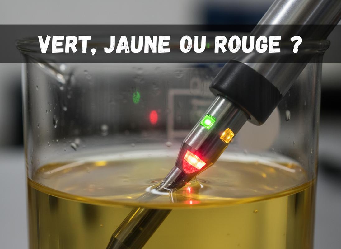 Sonde de testeur de liquide de frein avec voyants LED verts, jaunes et rouges, indiquant l'état du liquide à l'aide de couleurs distinctes.