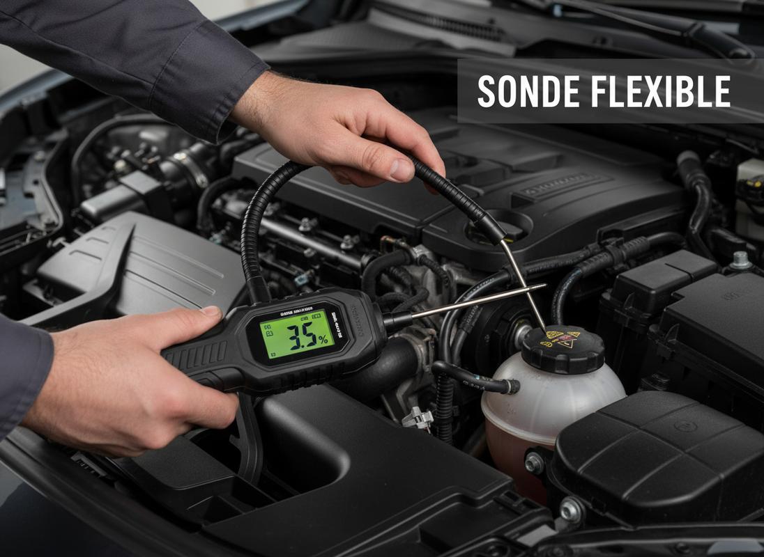 Mains tenant un testeur digital de liquide de frein avec sonde flexible insérée dans un moteur de voiture, écran affichant les mesures.