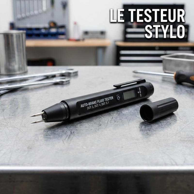 Testeur de liquide de frein noir de type stylo avec deux sondes métalliques apparentes posé sur un établi industriel marqué Le Testeur Stylo.