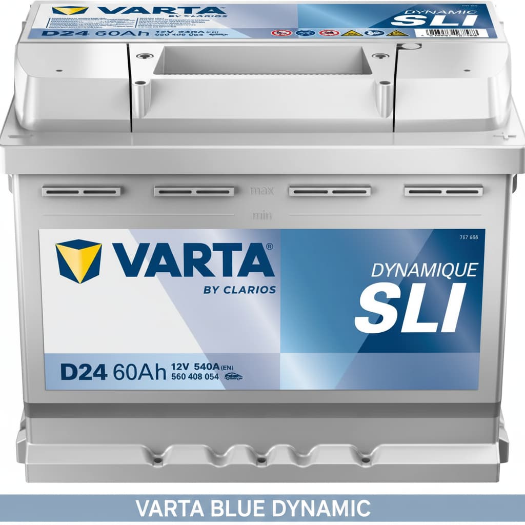 Plan professionnel en trois quarts d'une batterie de voiture Varta Blue Dynamic au boîtier bleu et argenté, avec le texte 'Varta Blue Dynamic' en surimpression en bas.