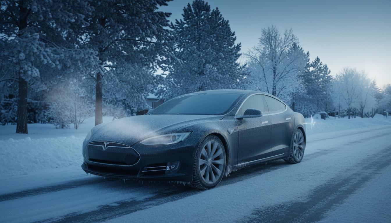 Une voiture stationnée en extérieur par un matin d'hiver glacial est recouverte d'une épaisse couche de givre et de glace dans une ambiance aux tons bleutés.