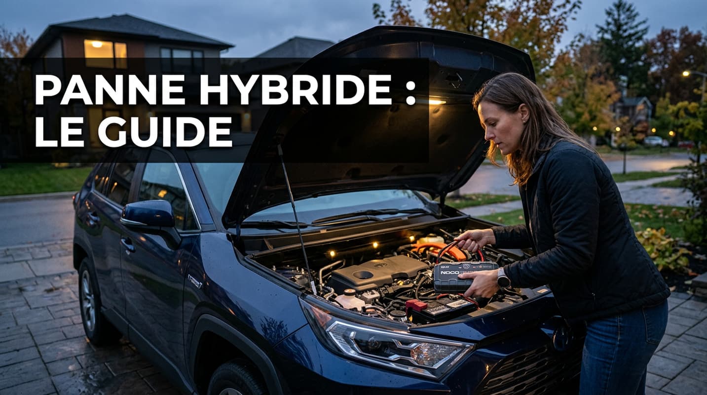 Un conducteur tient un booster de démarrage près du capot ouvert d'une voiture hybride moderne garée dans une allée de banlieue au crépuscule, avec un texte superposé 'Panne hybride : le guide'.