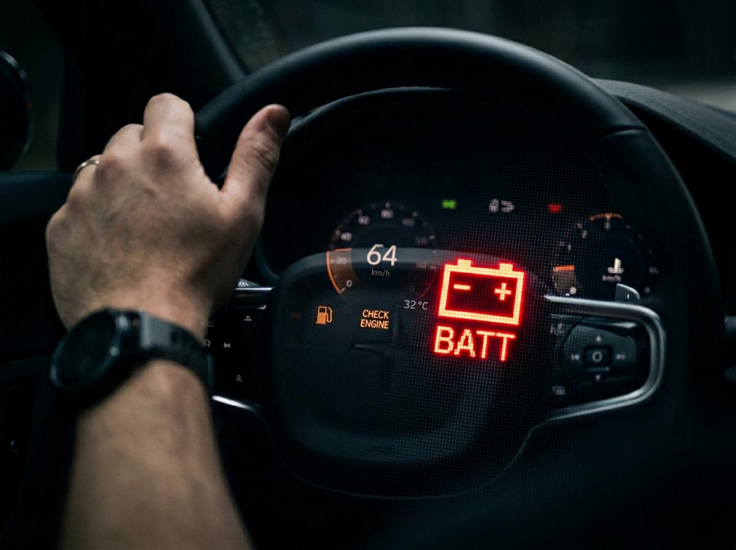 Un témoin lumineux de batterie rouge brille sur un tableau de bord numérique moderne avec la main du conducteur et le volant flous en arrière-plan.
