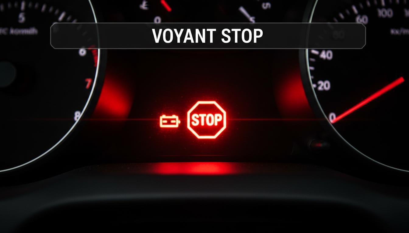 Voyant STOP rouge vif et symbole de batterie allumés sur le tableau de bord d'une voiture avec le texte VOYANT STOP en surimpression.