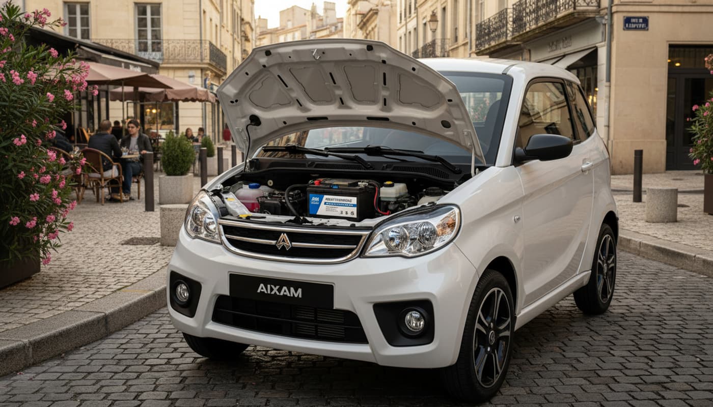 Voiture électrique Aixam City garée dans une rue urbaine ensoleillée, capot ouvert montrant une batterie automobile neuve dans le compartiment moteur.