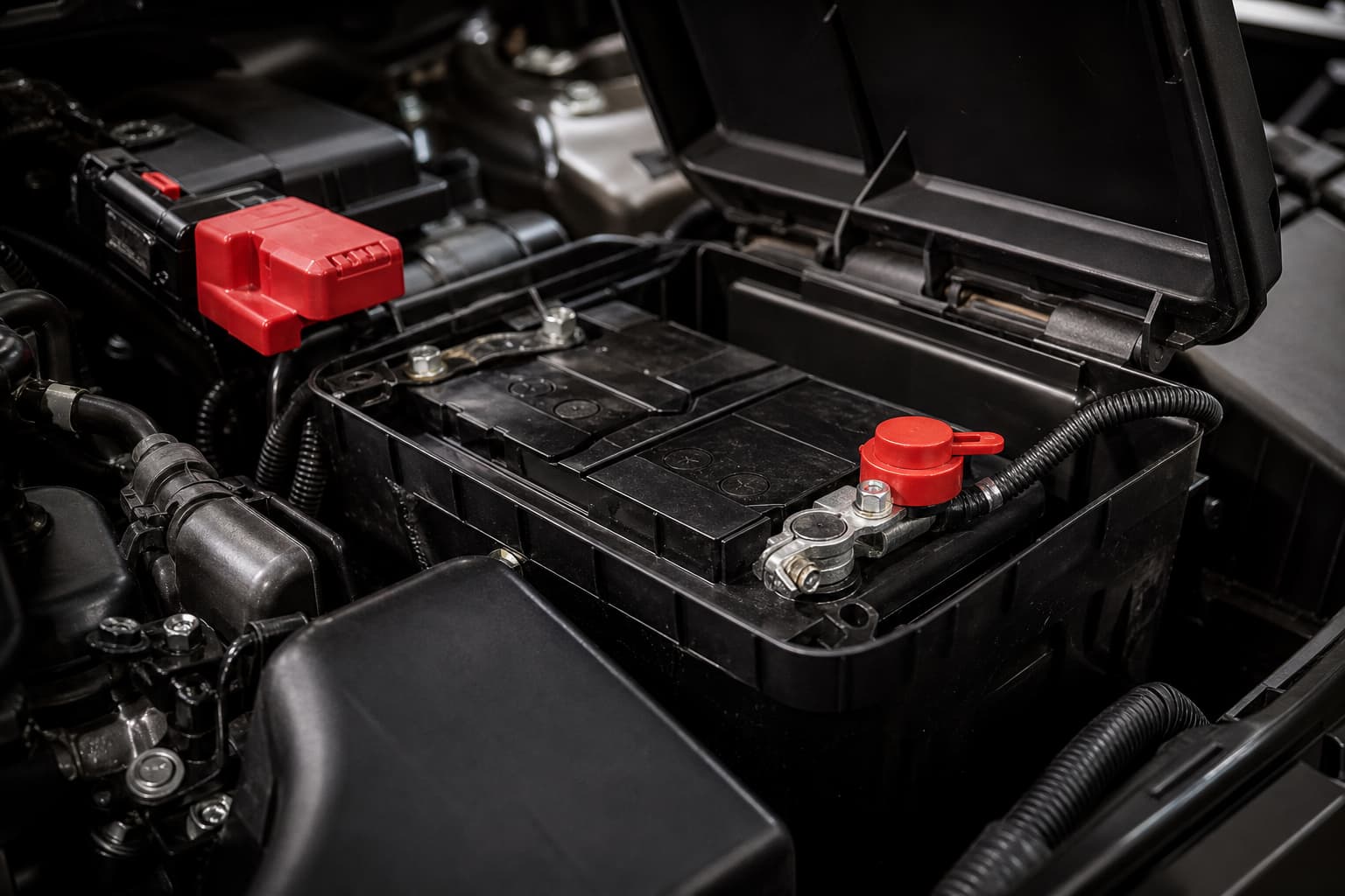 Vue d’un compartiment moteur automobile avec un coupe-batterie rouge installé sur la borne négative de la batterie.