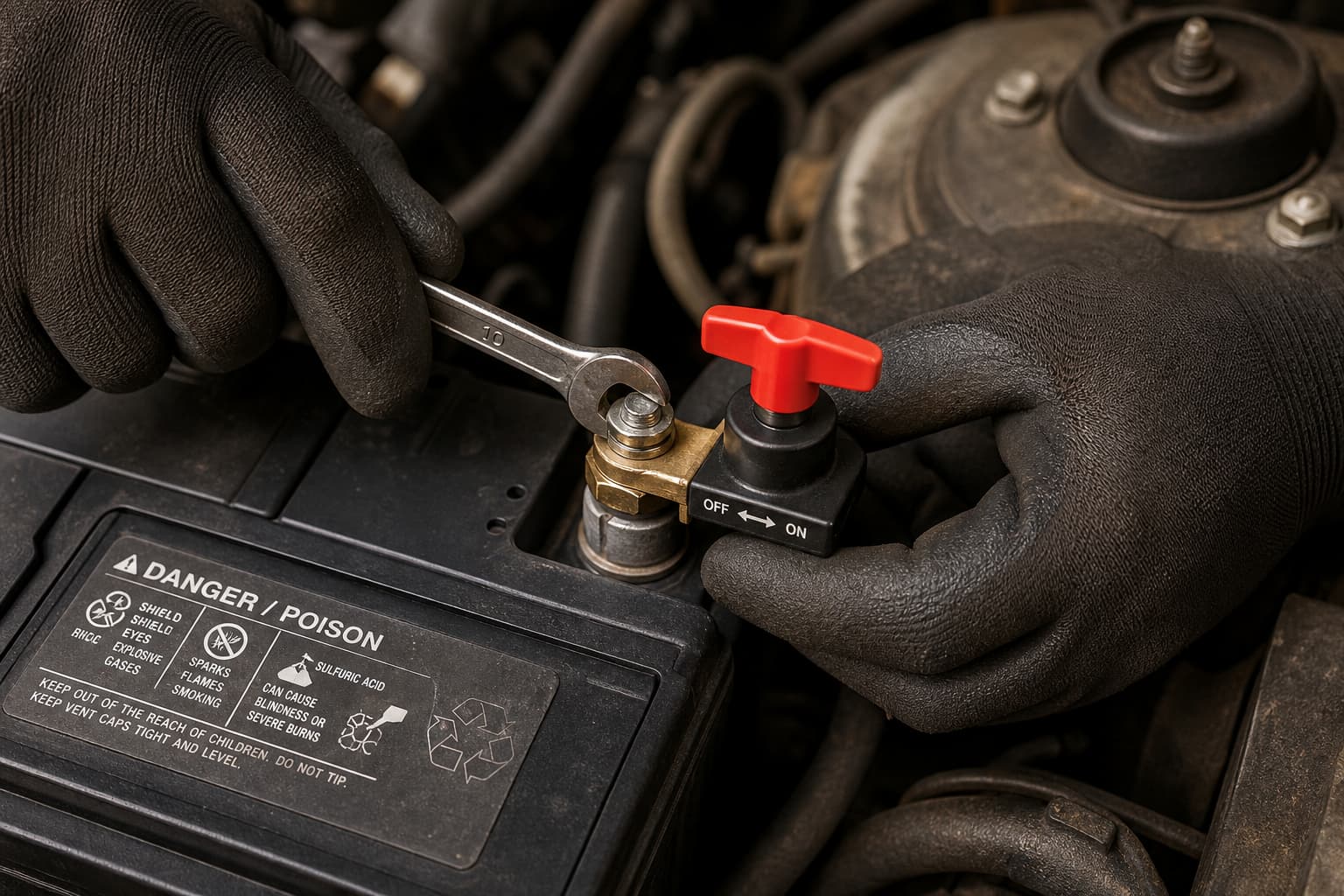 Gros plan vu du dessus montrant des mains portant des gants de protection sombres en train d’installer un coupe-batterie sur la borne négative d’une batterie de voiture, une clé à molette visible dans une main, l’arrière-plan du compartiment moteur flou et un éclairage chaleureux d’atelier.