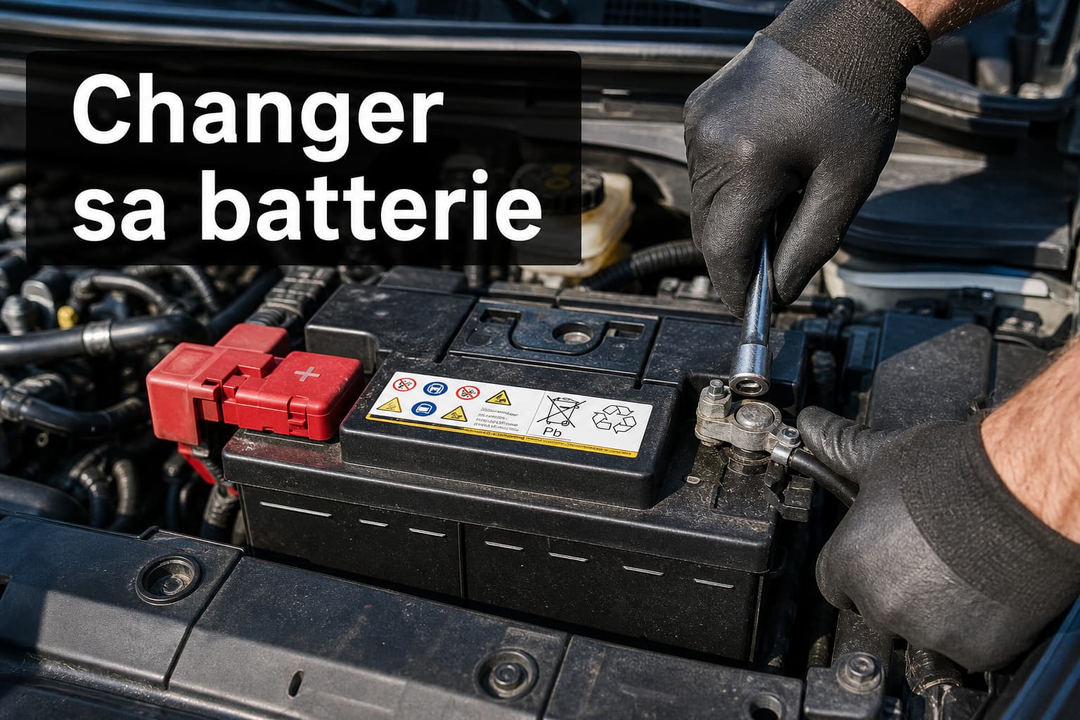 Un mécanicien en gros plan débranche les bornes d'une batterie de voiture moderne dans un compartiment moteur baigné de lumière naturelle.