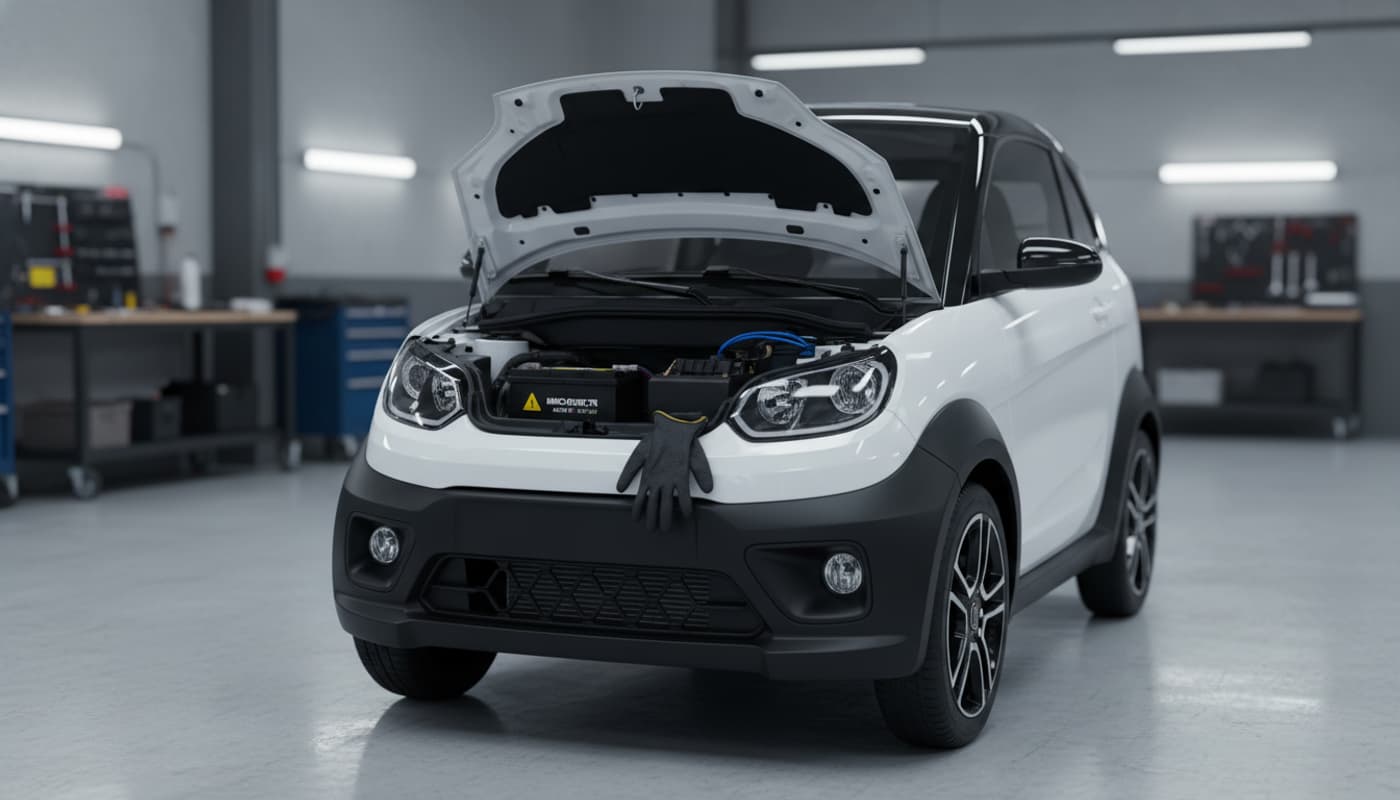 Une Microcar MGO blanche dans un garage professionnel, capot ouvert laissant voir le compartiment batterie, une paire de gants de mécanicien posée sur le bord avant.