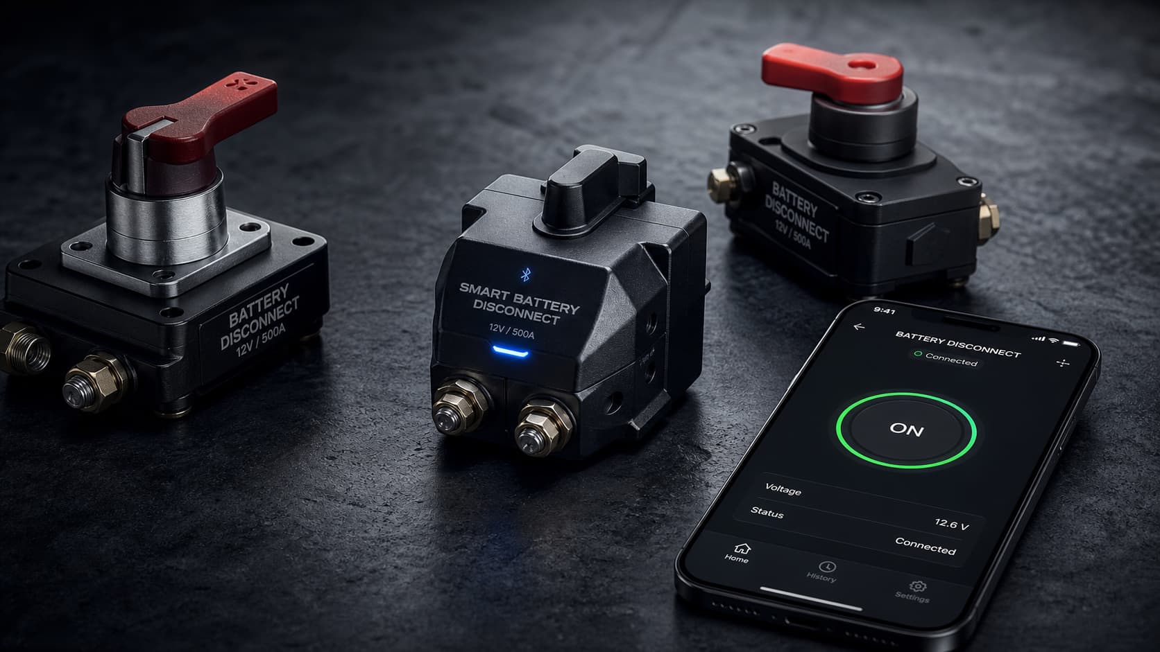 Trois coupe-batteries haut de gamme posés sur une surface en ardoise sombre avec éclairage latéral dramatique, le modèle central connecté affichant une petite LED bleue et un smartphone à proximité montrant une interface d’application de contrôle.