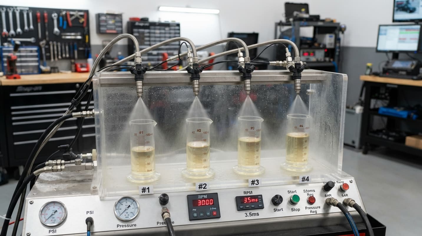 Quatre injecteurs de carburant sur un banc d