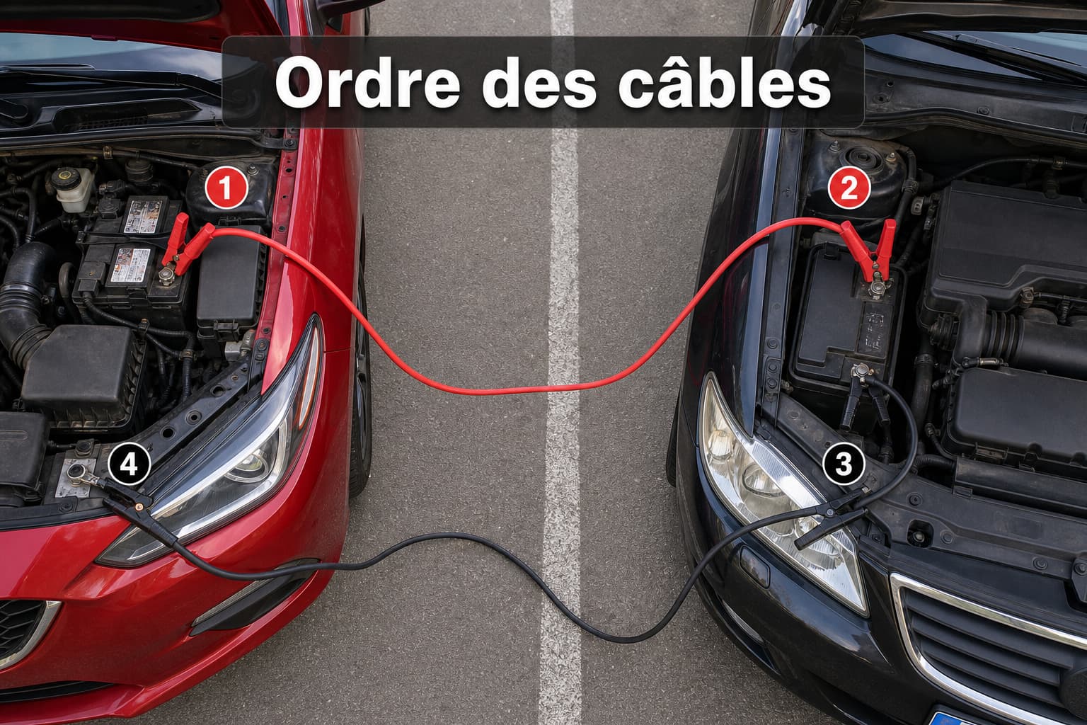 Vue de dessus de deux capots de voiture ouverts avec des câbles de démarrage rouges et noirs connectés aux bornes et au bloc moteur.