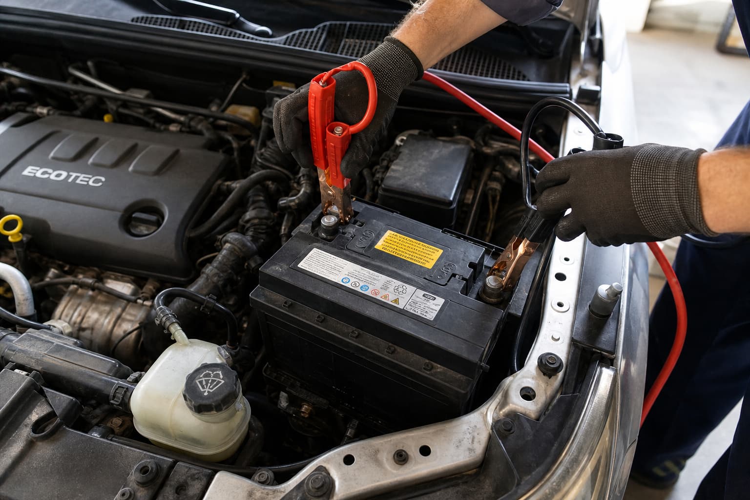 Vue de dessus de câbles de démarrage rouges et noirs connectés à une batterie de voiture, mains d