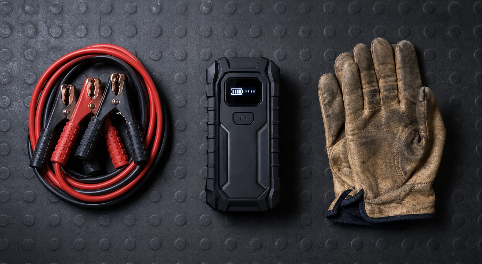 Câbles de démarrage rouges et noirs enroulés, booster de batterie portable avec écran allumé et gants de travail disposés sur un tapis en caoutchouc foncé, vus de dessus avec éclairage directionnel doux.