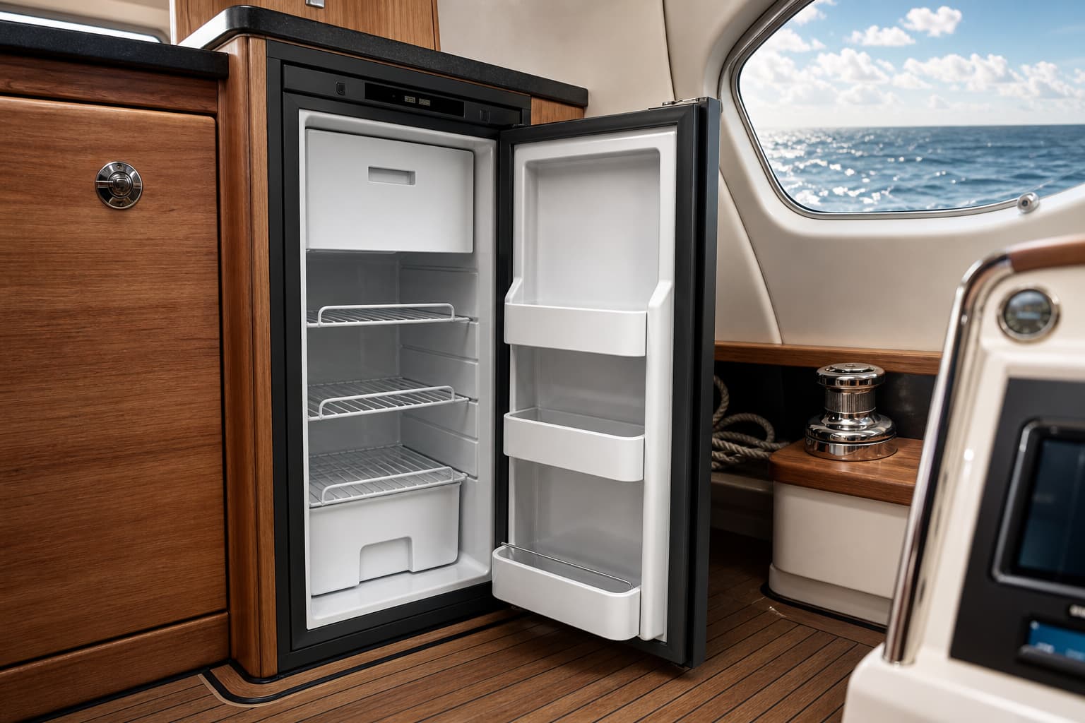 Réfrigérateur à compression Carbest LR90L installé dans une cabine de bateau, avec un décor nautique en arrière-plan.