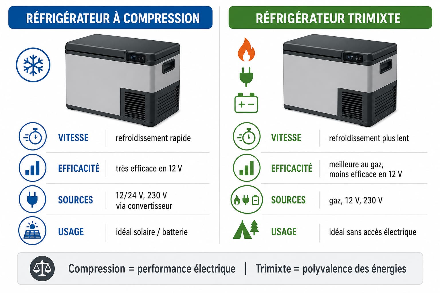 Infographie comparant visuellement un frigo à compression et un frigo trimixte, avec des étiquettes indiquant les différences de vitesse, d