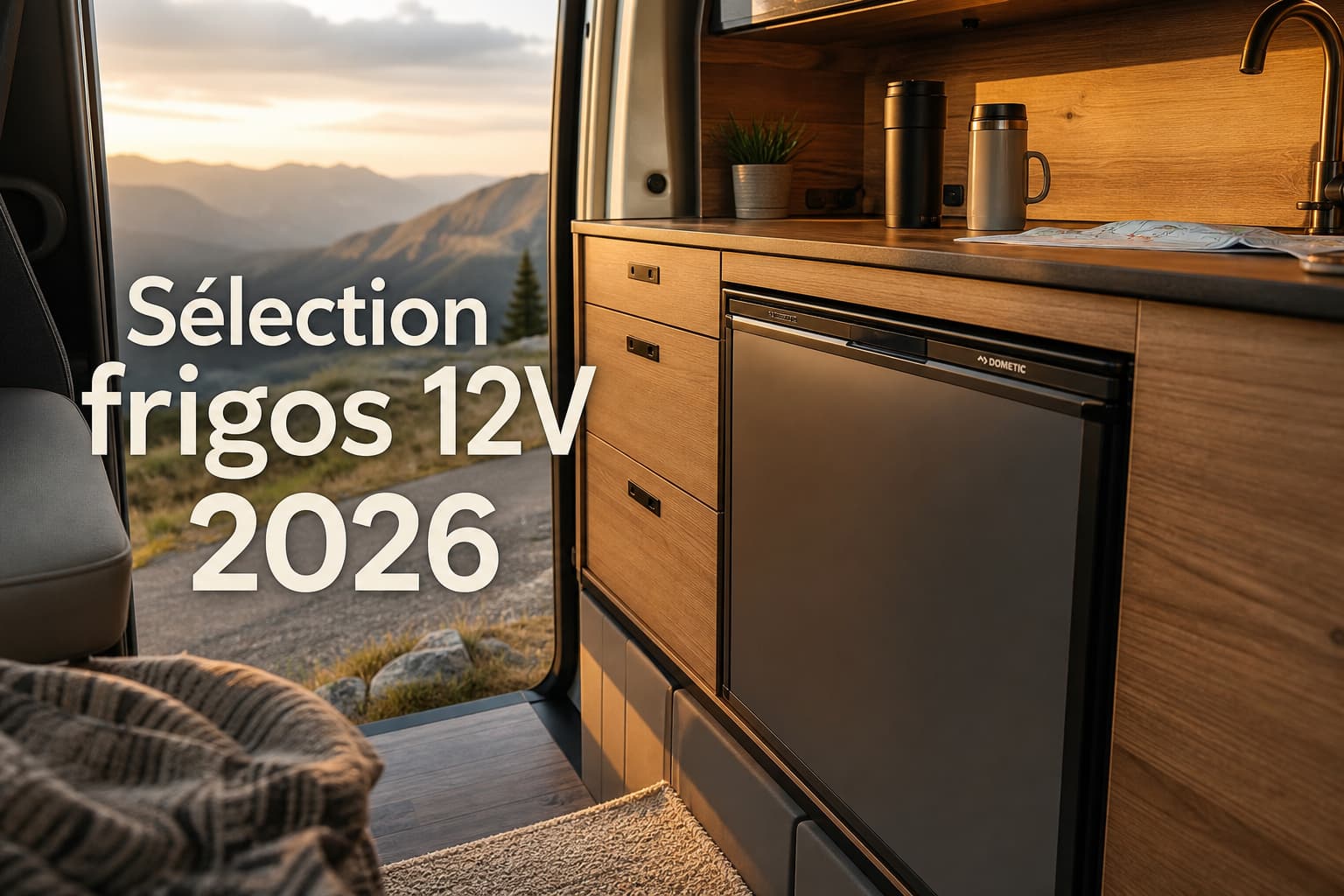 Cuisine moderne de camping-car avec réfrigérateur à compression intégré, baignée d'une lumière naturelle douce et de tons chaleureux, avec le texte superposé 'Sélection frigos 12V 2026' affiché en ombre portée.