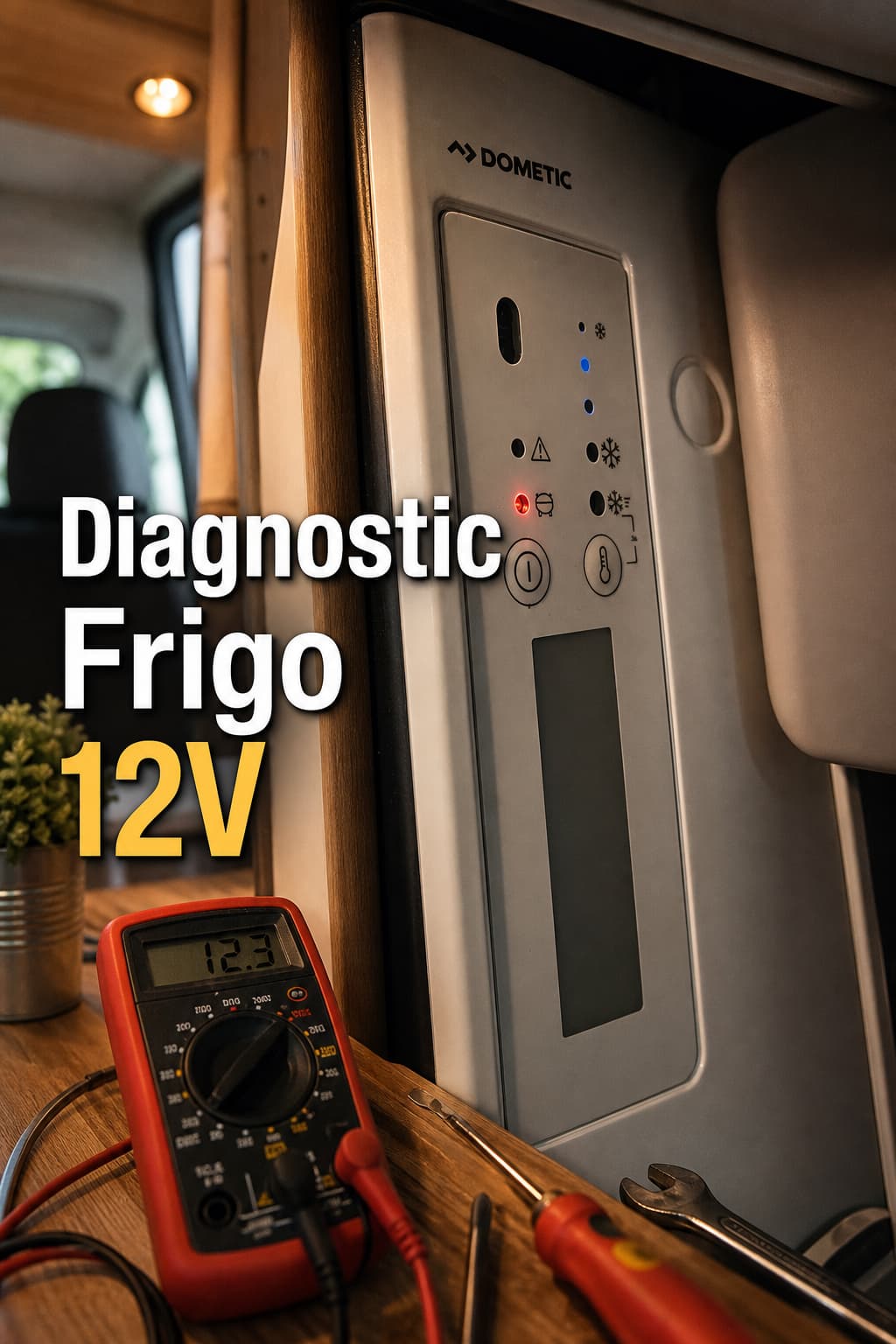 Un réfrigérateur Dometic ouvert dans un aménagement de van, avec un multimètre et des outils posés à côté, le tableau de bord affichant un voyant rouge d'erreur, et le texte 'Diagnostic Frigo 12V' superposé en ombre portée.