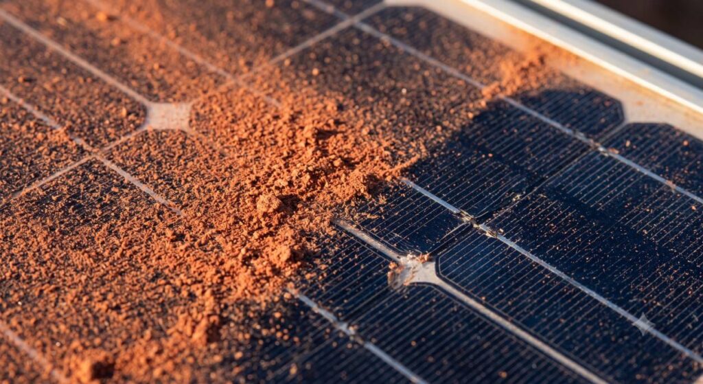 Gros plan sur la surface d'un panneau solaire montrant une accumulation inégale de poussière rougeâtre qui masque les cellules photovoltaïques.