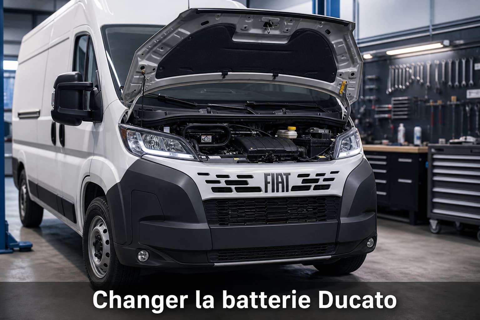 Un fourgon Fiat Ducato au capot ouvert stationné dans un garage lumineux avec un établi et des outils en arrière-plan, photographié d'un angle bas dynamique, surmonté du texte 'Changer la batterie Ducato' en bas.