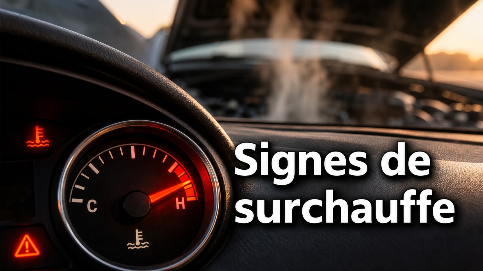 Jauge de température de moteur automobile dans le rouge, vapeur sortant d