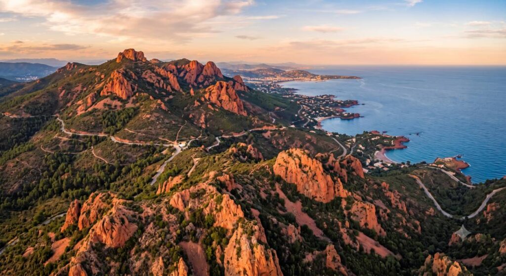 Vue aérienne du massif de l'Estérel et de ses célèbres roches volcaniques rouges bordant la mer Méditerranée.