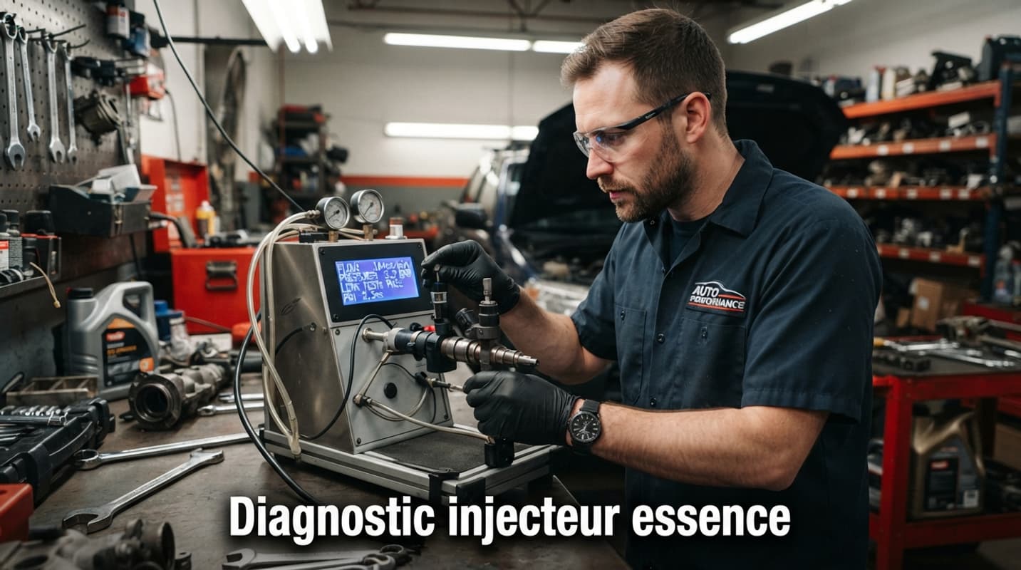 Un mécanicien masculin portant des lunettes de sécurité et des gants utilise un outil de diagnostic sur un injecteur de carburant dans un banc d'essai avec affichage numérique, dans un atelier propre avec outils et pièces moteur, avec le texte 'Diagnostic injecteur essence' en blanc gras et ombre portée en bas au centre.