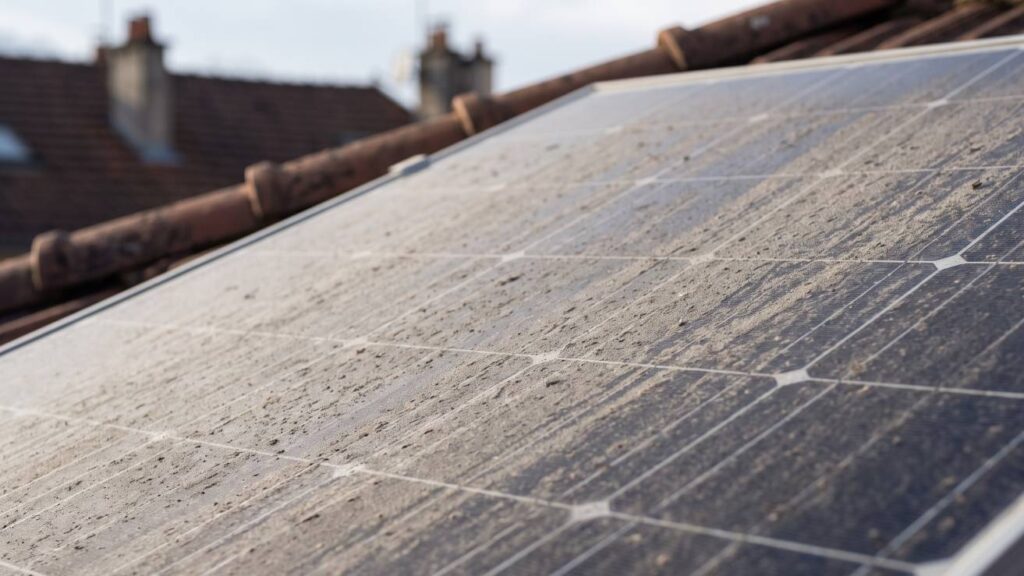 Gros plan sur un panneau solaire installé sur une toiture grenobloise, fin film grisâtre uniforme sur la surface vitrée, lumière naturelle rasante pour révéler la texture du dépôt