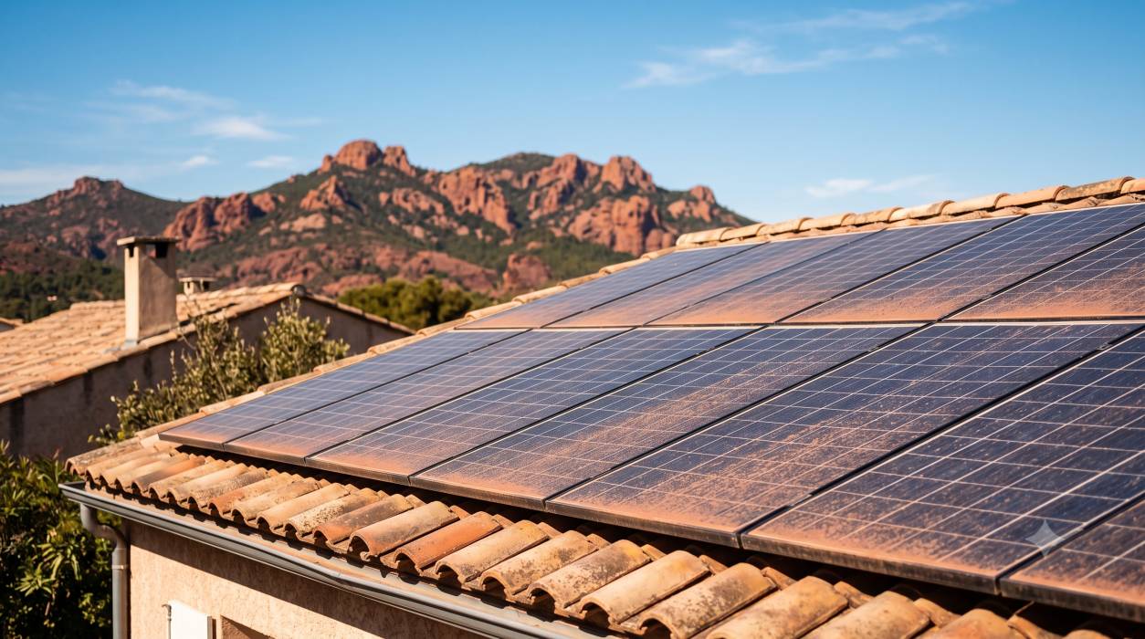 Toiture équipée de panneaux solaires recouverts d'une fine pellicule de poussière rouge, avec le massif de l'Estérel en arrière-plan dans le Var.