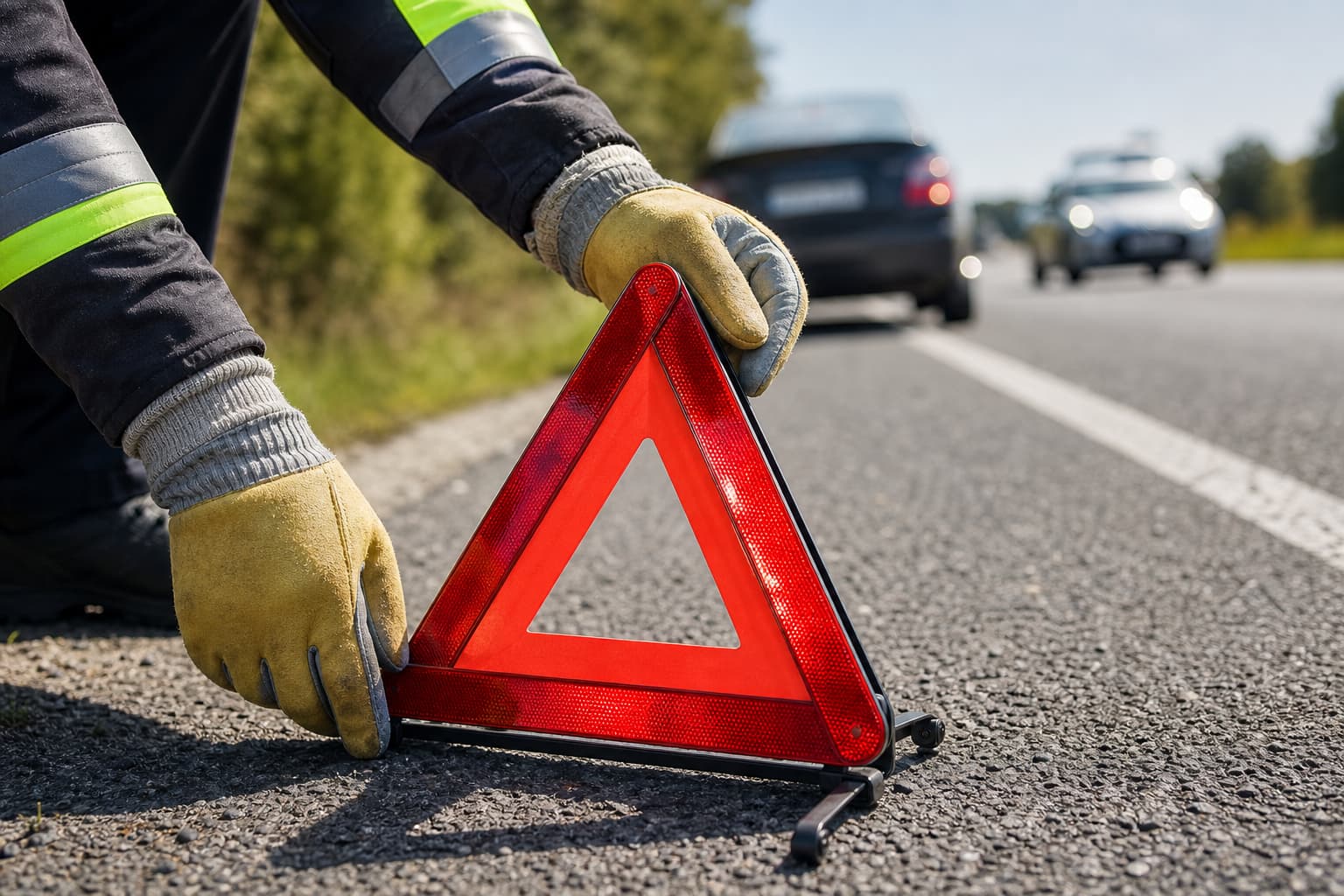 Un conducteur portant des gants pose un triangle de signalisation réfléchissant sur une route en asphalte sous un éclairage naturel.