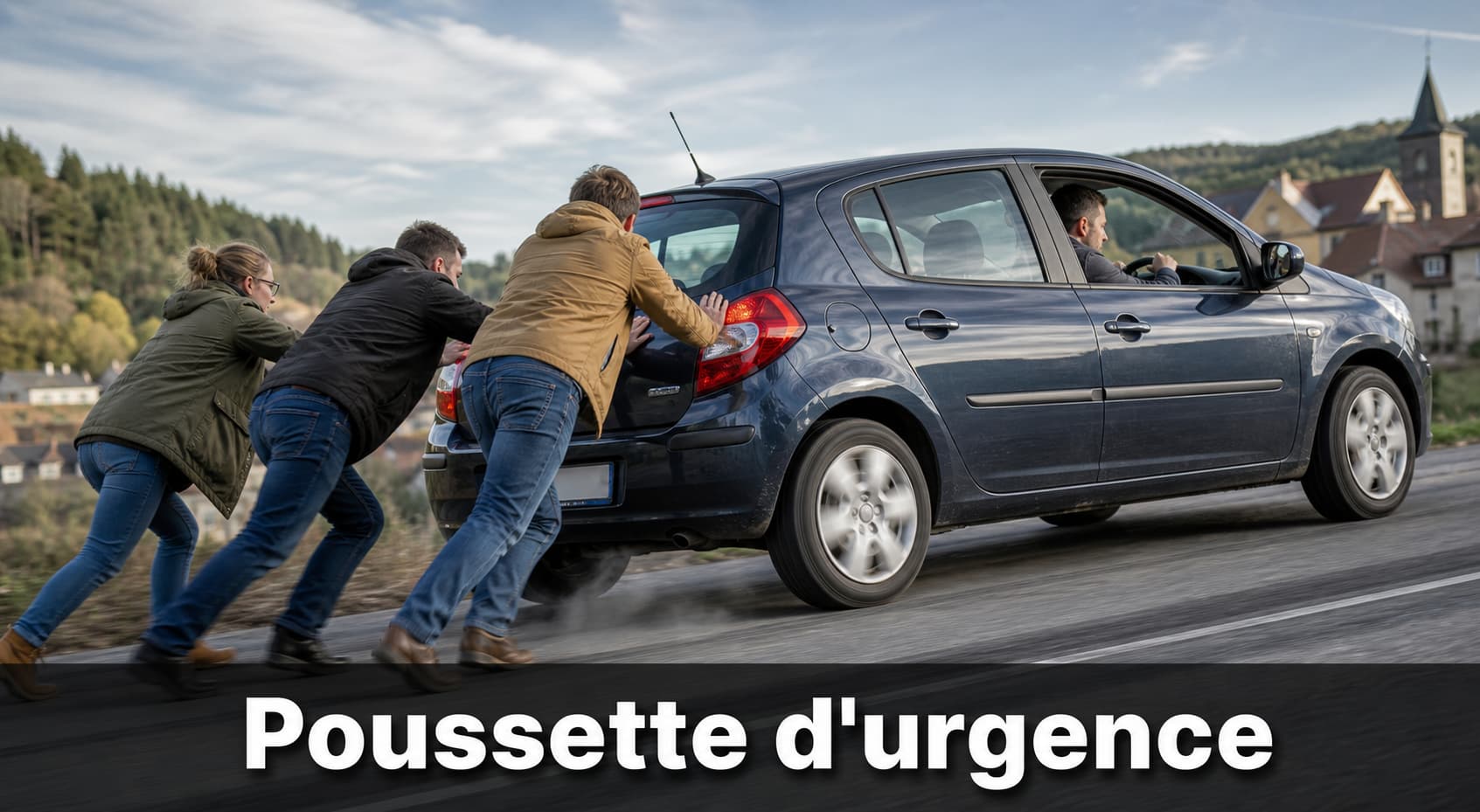 Trois personnes poussant une petite voiture à hayon sur une route en pente, le conducteur visible derrière le pare-brise, mains sur le volant et un pied sur la pédale d’embrayage, avec le texte superposé