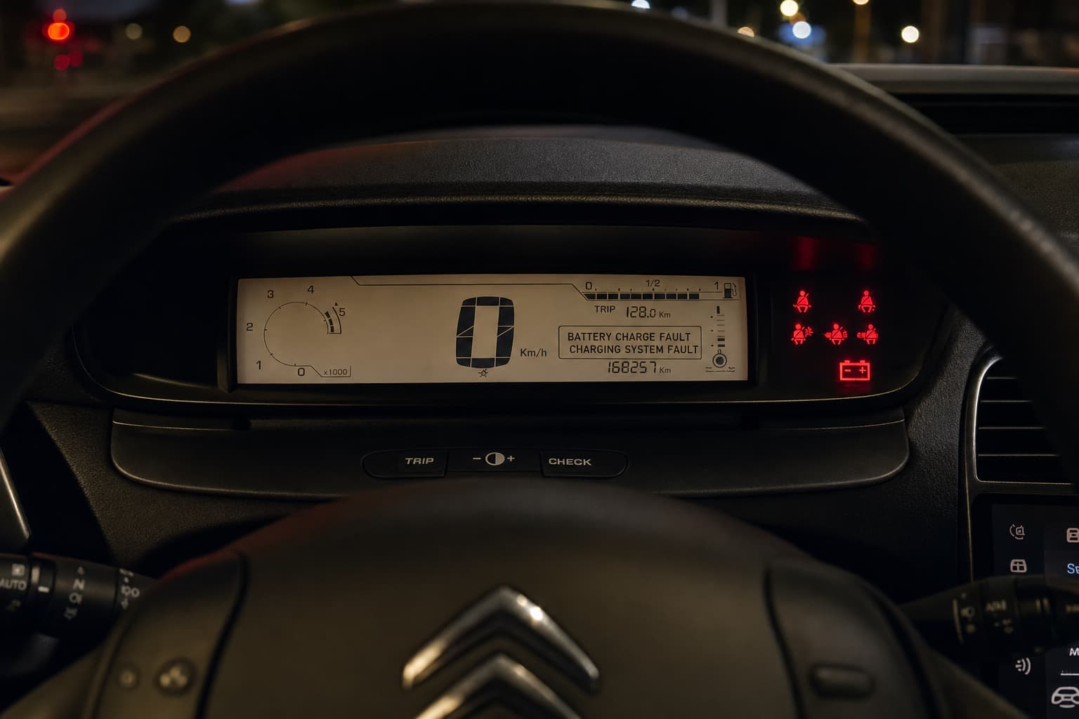 Le tableau de bord d'une Citroën C4 éclairé de nuit avec le témoin de batterie rouge allumé et un volant flou au premier plan.