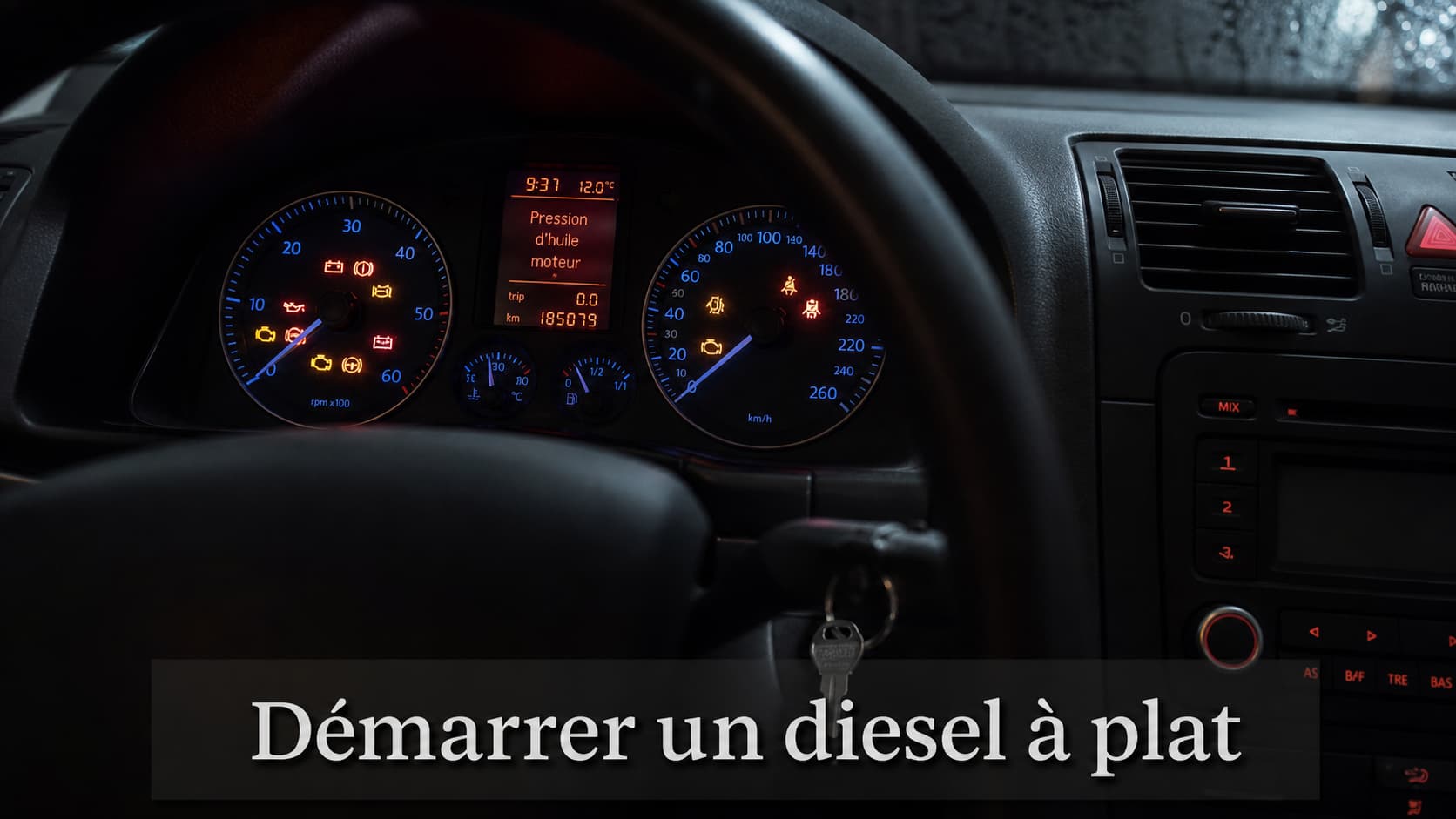 Un tableau de bord de voiture dans des conditions sombres, avec des voyants d
