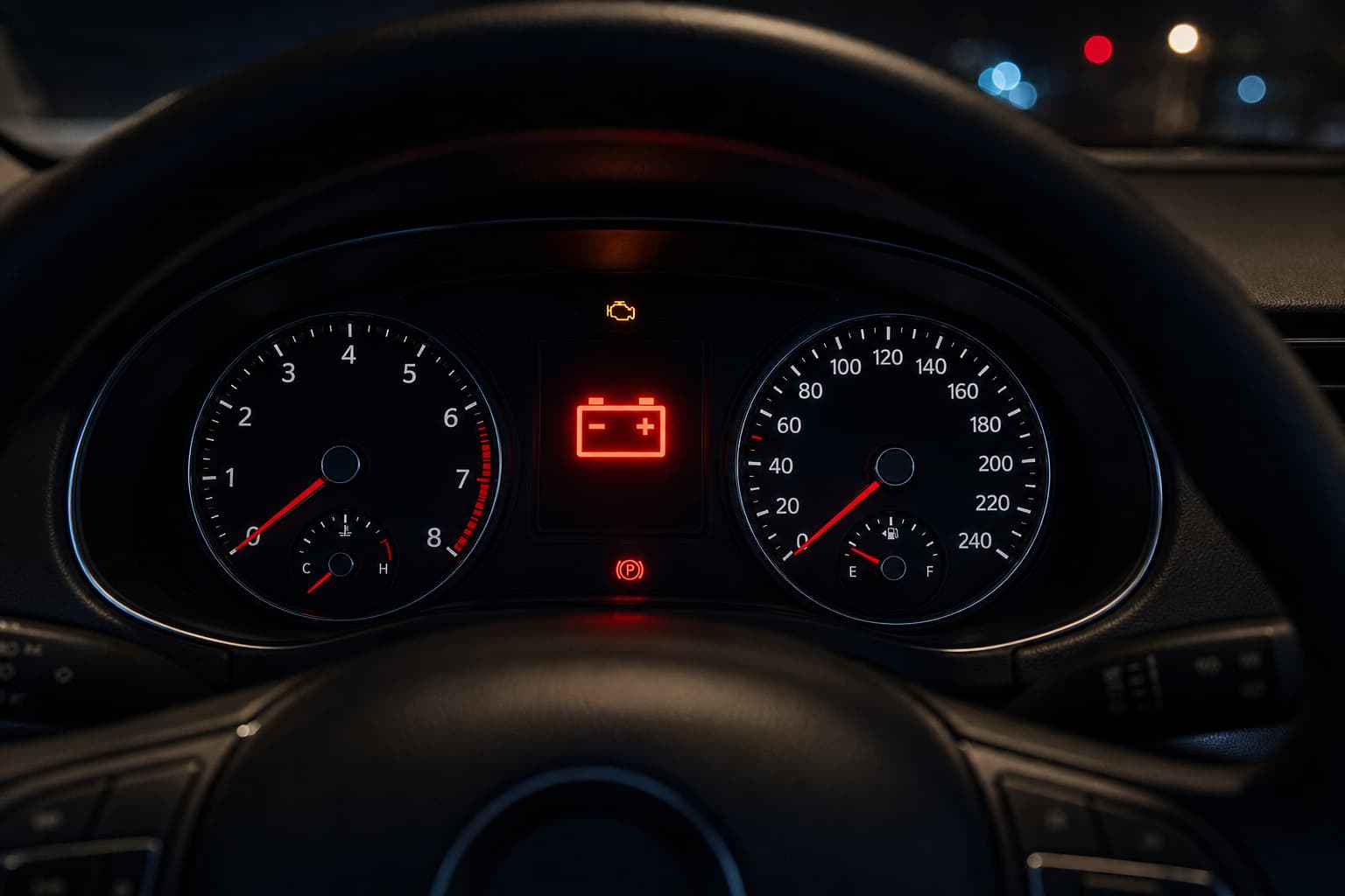 Voyant de batterie allumé sur un tableau de bord de voiture, volant partiellement visible, photographié de nuit dans l