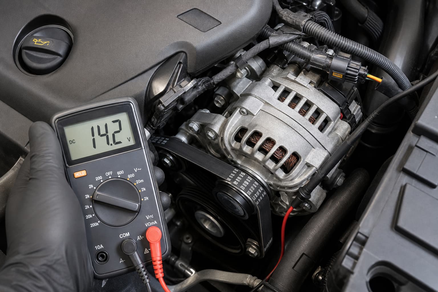 Vue plongeante dans un compartiment moteur désassemblé d