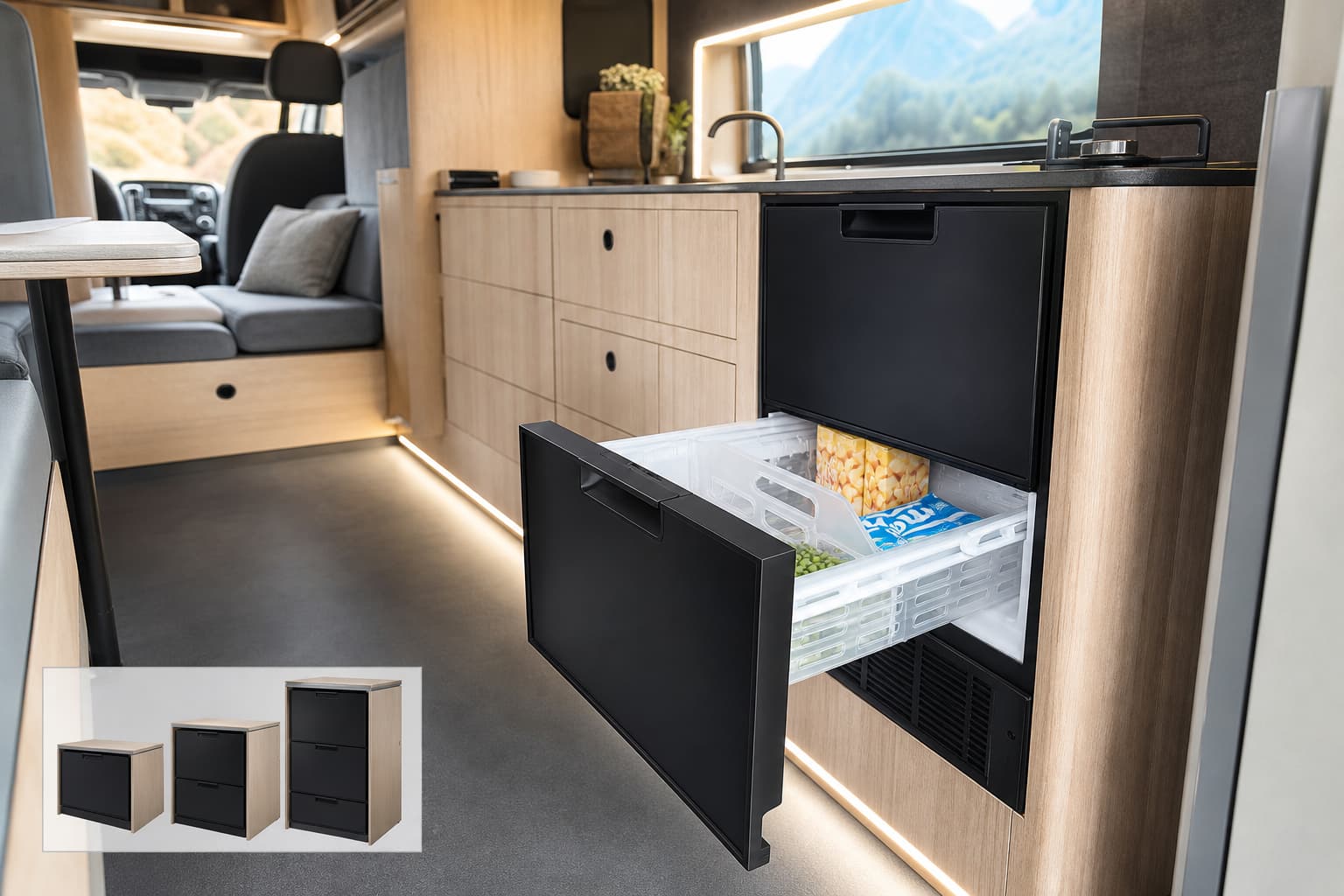 Un réfrigérateur à compression Thetford T2000 dans un intérieur de van, porte légèrement ouverte montrant des compartiments organisés.