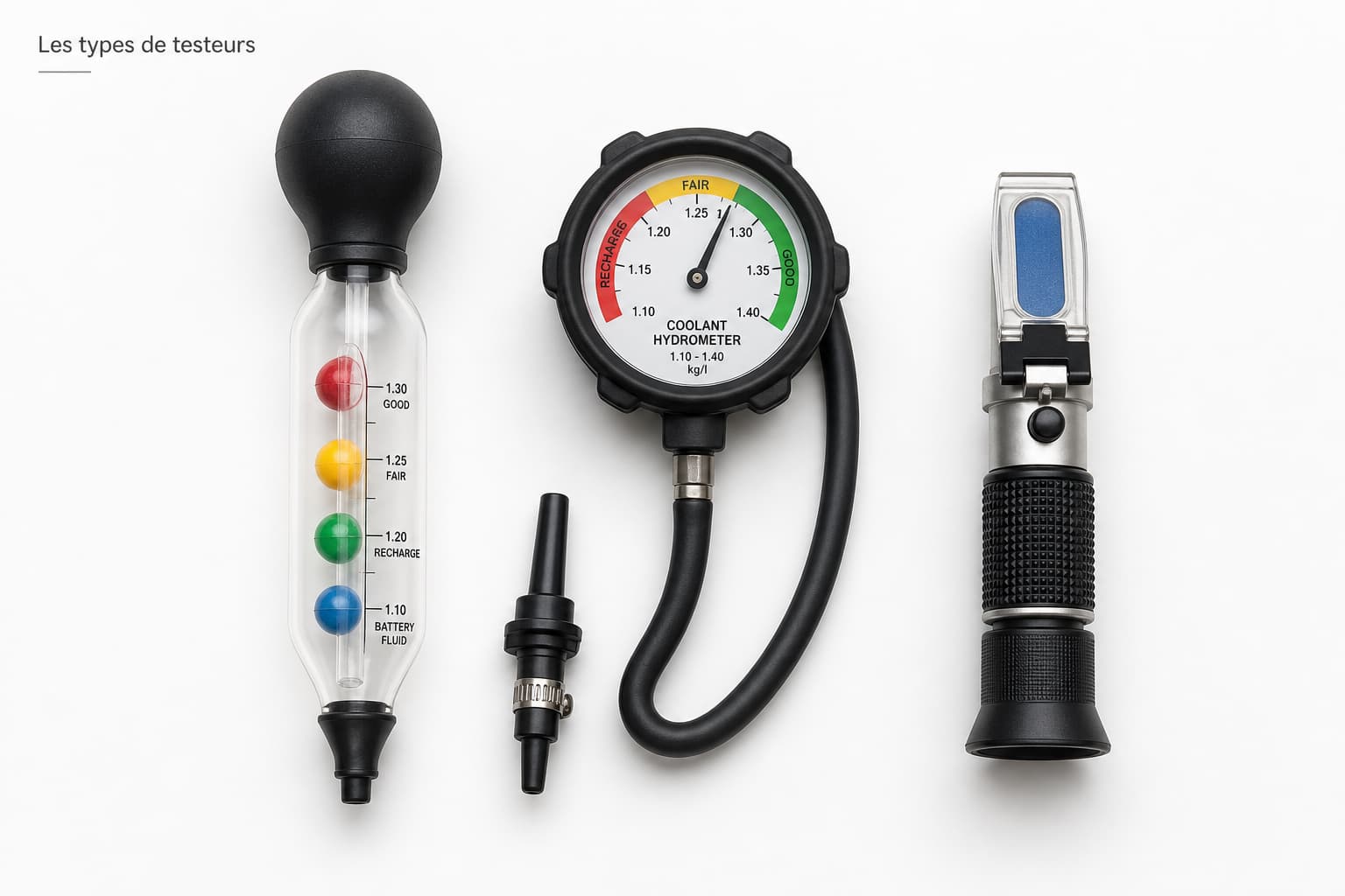 Trois testeurs de liquide de refroidissement automobile (hydromètre à bille, hydromètre à cadran et réfractomètre) disposés à plat sur une surface blanche, avec le texte 