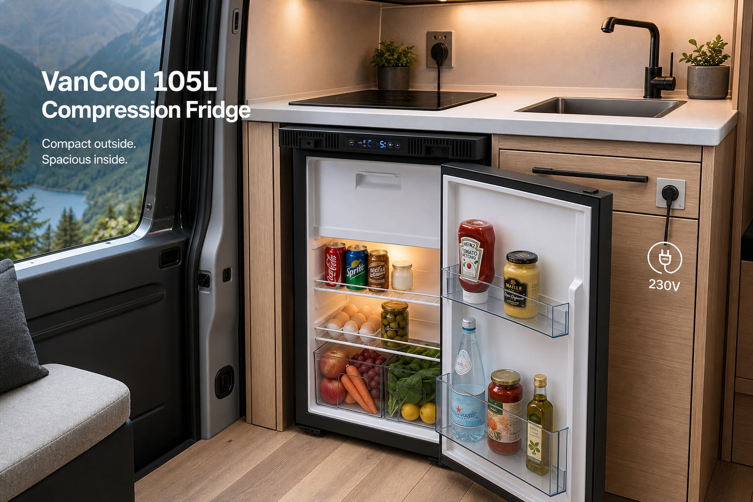 Réfrigérateur à compression VanCool 105L dans une cuisine de van moderne, avec panneau de commande et affichage LED visibles.
