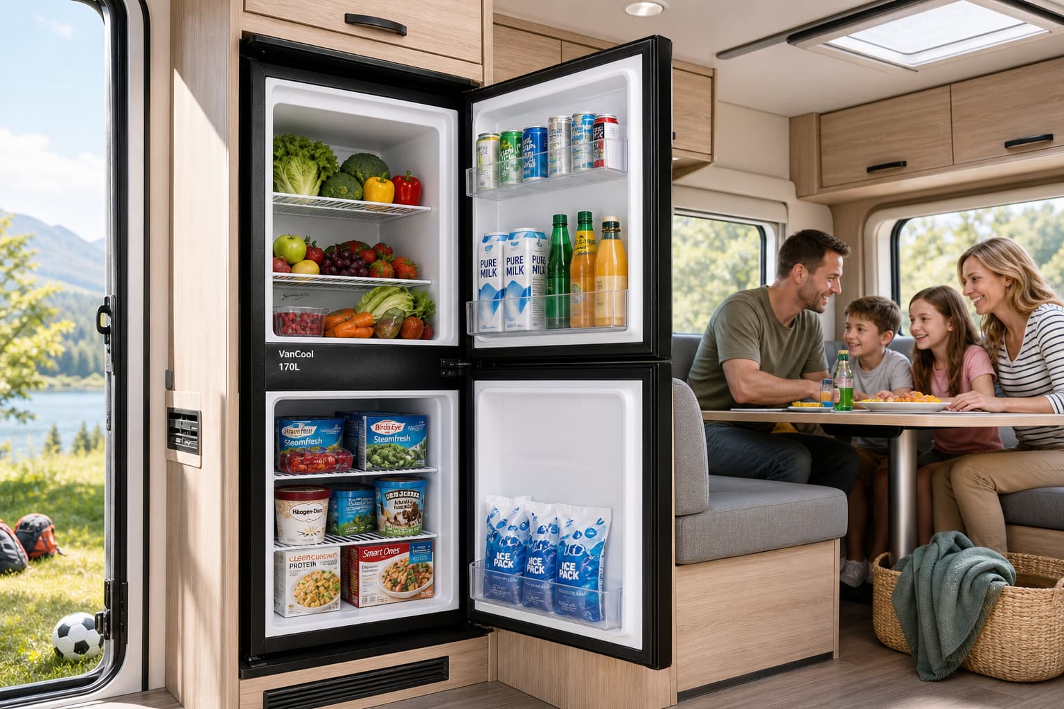 Un réfrigérateur-congélateur VanCool 170L ouvert dans un camping-car, montrant des fruits, légumes et aliments surgelés dans un intérieur lumineux et spacieux.