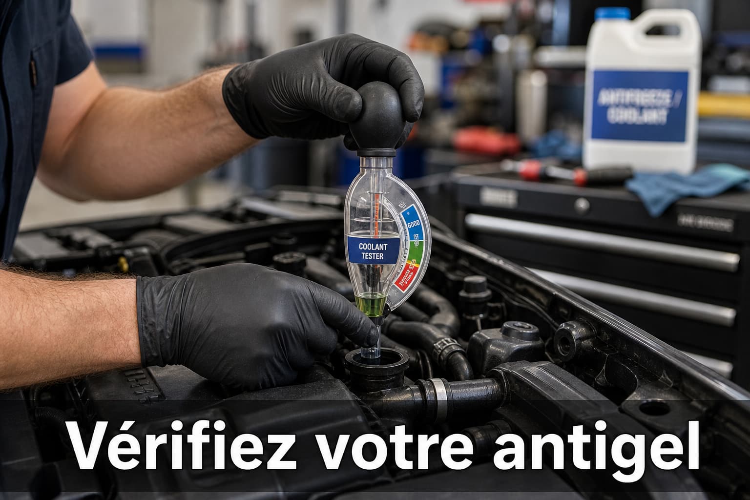 Mains d'un mécanicien utilisant un testeur d'antigel sur le bouchon de radiateur d'une voiture, avec le texte 'Vérifiez votre antigel' en surimpression en bas de l'image.