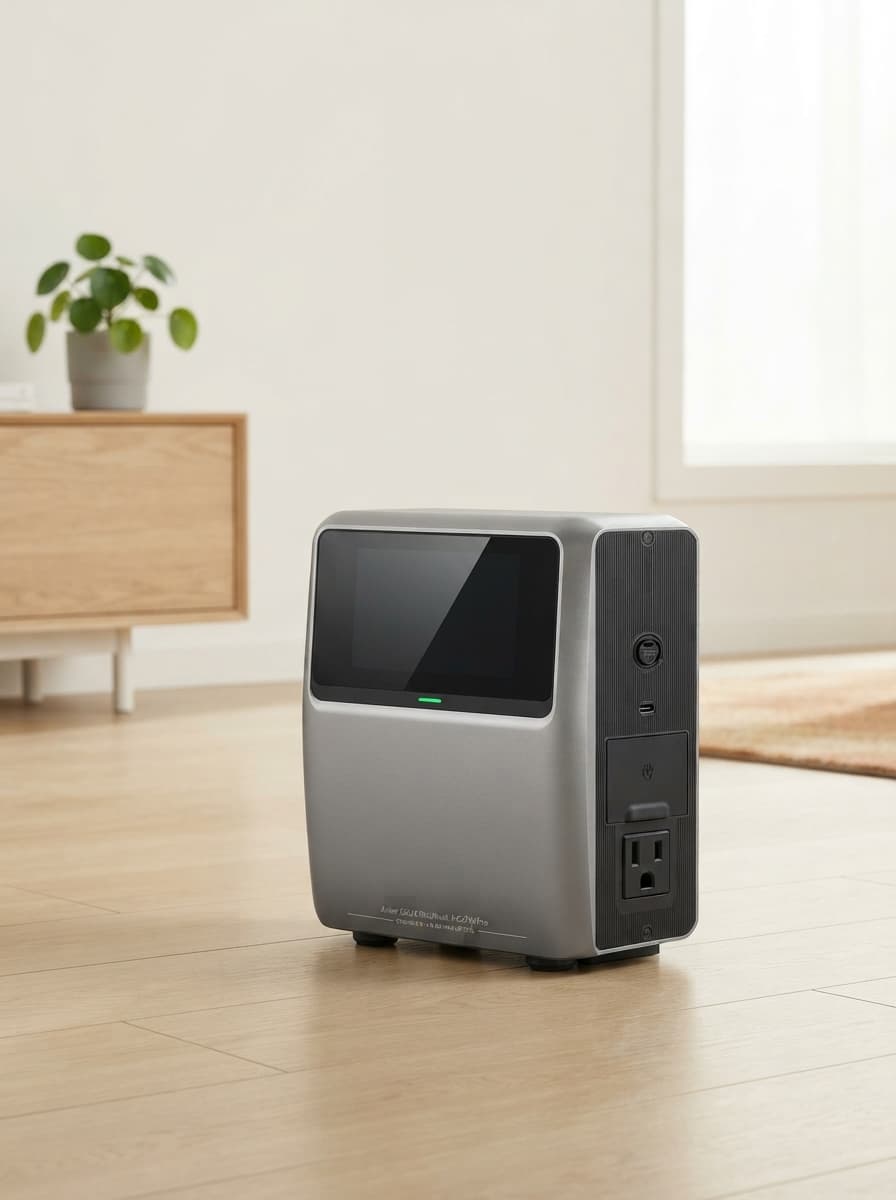 Batterie portable Anker SolarBank 3 arrondie posée sur un sol en bois clair dans un intérieur lumineux, avec écran LED et ports de connexion visibles.