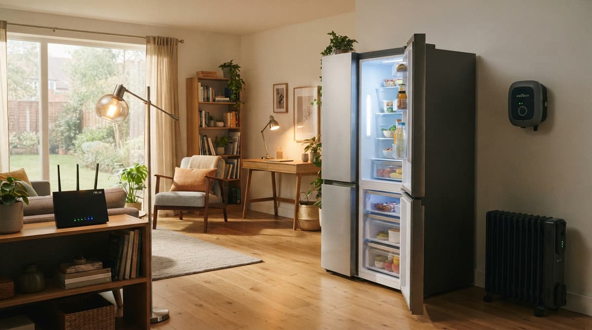 Réfrigérateur en fonctionnement, lampes LED allumées et box internet active dans une pièce, tandis qu’un radiateur électrique et une borne de recharge restent éteints.